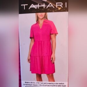 Tahari Pink Short Sleeve Tiered Ruffle Smock Dress, NWT, Medium